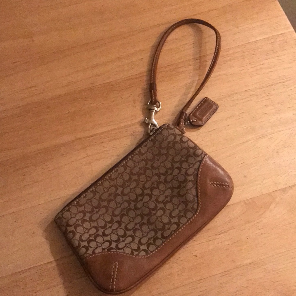 Coach wristlet brown leather and fabric
